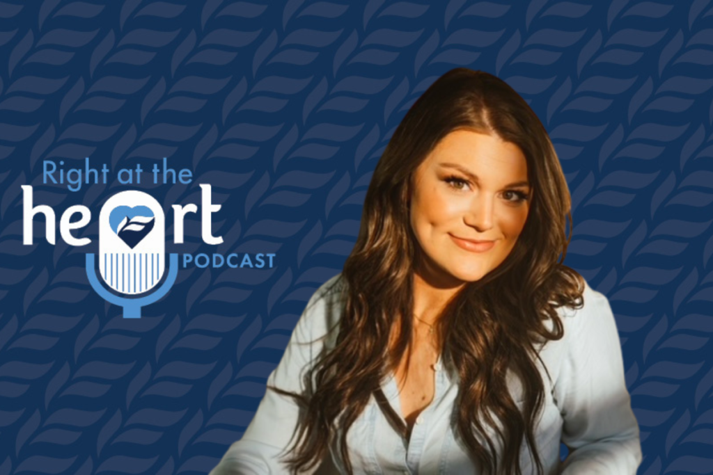 Singer and songrwriter Mae Estes smiling with the sunlight hitting her face next to the Right at the Heart Podcast Logo 