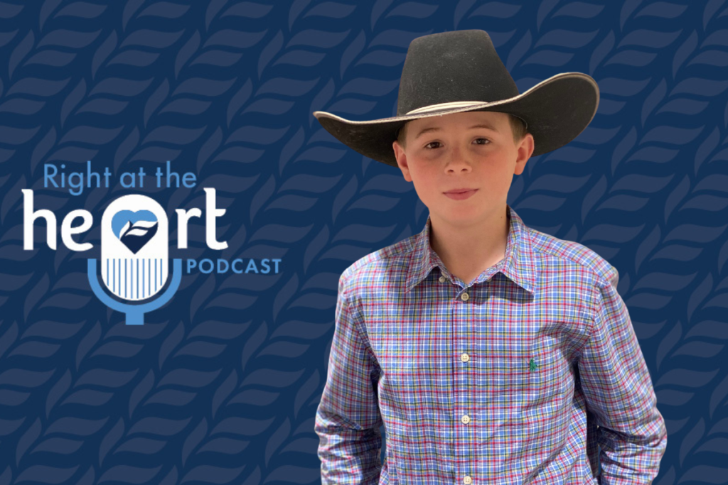 Young boy with a button up shirt and cowboy hat smiling next to the Right at the Heart Podcast logo